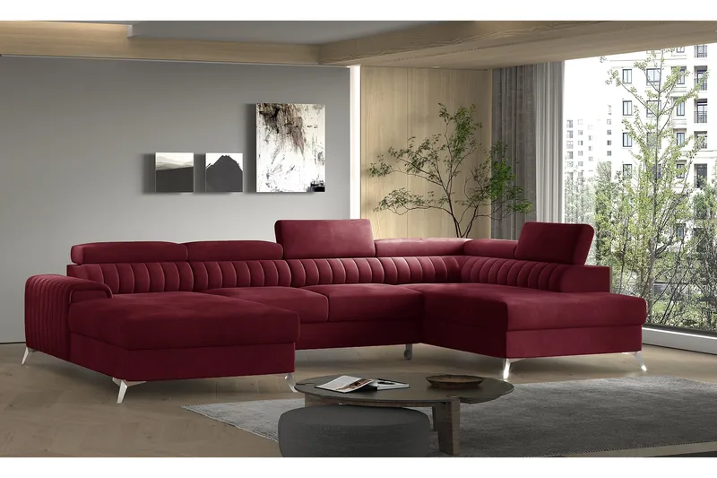 Kamran Bäddsoffa m. Divan och Schäslong med Förvaring, Vinröd