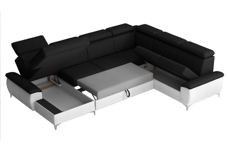 Karkula Höger Hörnbäddsoffa Bäddbar 128x275 cm med Förvaring i Tyg - Vit|Svart - Möbler - Soffa - Bäddsoffa