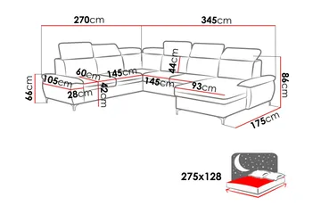 Karkula Höger Hörnbäddsoffa Bäddbar 128x275 cm med Förvaring i Tyg - Vit|Svart - Möbler - Soffa - Bäddsoffa
