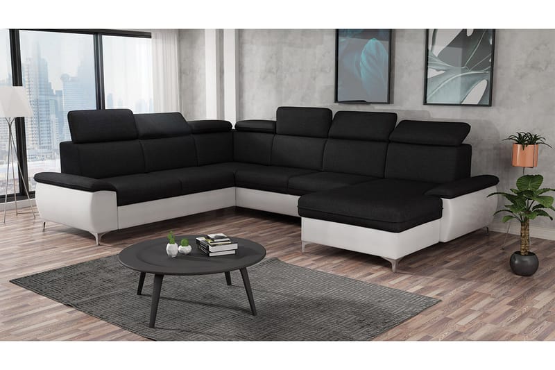 Karkula Höger Hörnbäddsoffa Bäddbar 128x275 cm med Förvaring i Tyg - Vit|Svart - Möbler - Soffa - Bäddsoffa