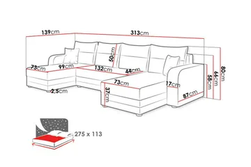 Kintore 4-sits U-formad Hörnbäddsoffa 113x275 cm med Förvaring i Tyg - Grå - Möbler - Soffa - Bäddsoffa
