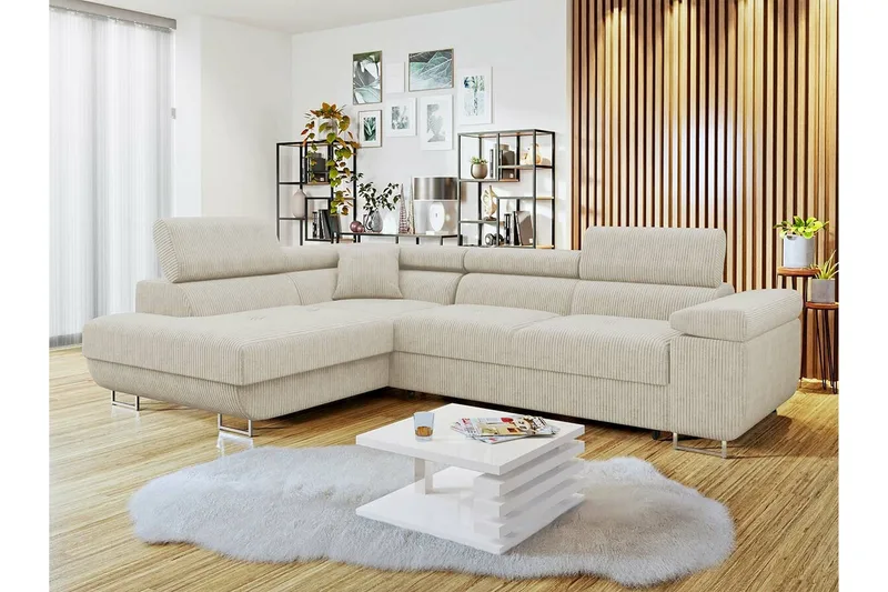 Kintore 4-sits Vänstervänd L-formad Hörnbäddsoffa 125x198 cm i Manchestertyg - Beige - Möbler - Soffa - Bäddsoffa