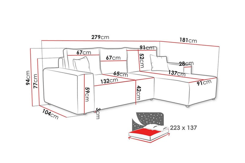 Knocklong 3-sits Hörnbäddsoffa - Grå - Bäddsoffa - Hörnbäddsoffa