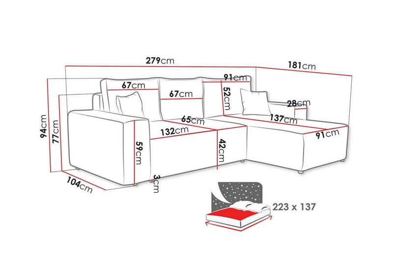 Knocklong 3-sits Hörnbäddsoffa - Ljusgrå - Bäddsoffa - Hörnbäddsoffa