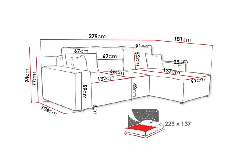 Knocklong 3-sits Hörnbäddsoffa - Svart - Bäddsoffa - Hörnbäddsoffa