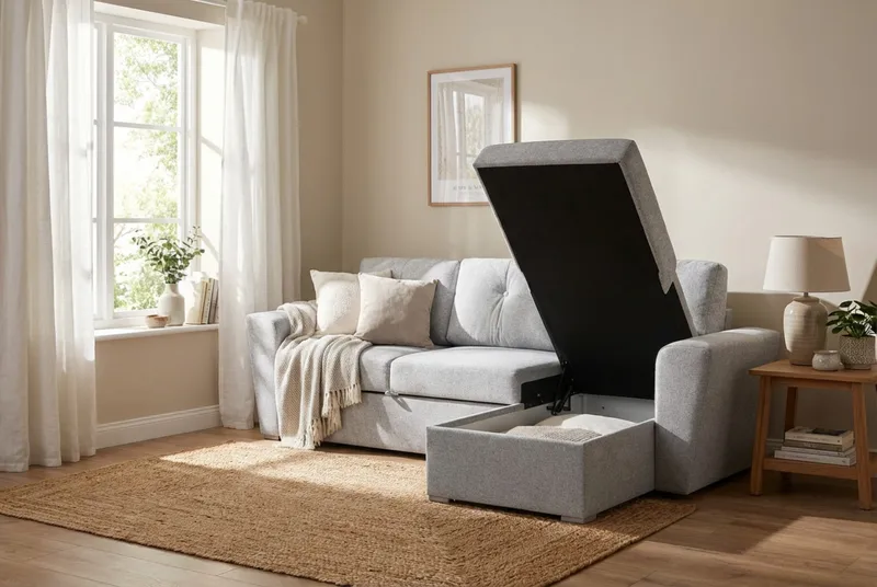 Leia 3-sits vändbar Bäddsoffa med divan och förvaring - Beige - Möbler - Soffa - Bäddsoffa