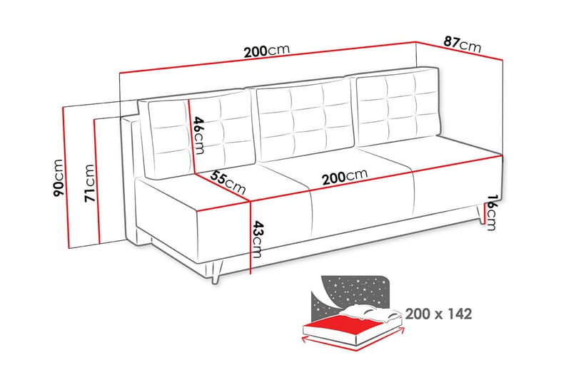 Leija Bäddsoffa 200x87x90 cm - Grå - Bäddsoffa - Bäddsoffa 4 sits