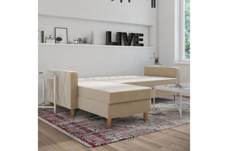 Liberty 3-sits Vänstervänd Divanbäddsoffa med Förvaring i Sammet - Sandbeige - Möbler - Soffa - Bäddsoffa