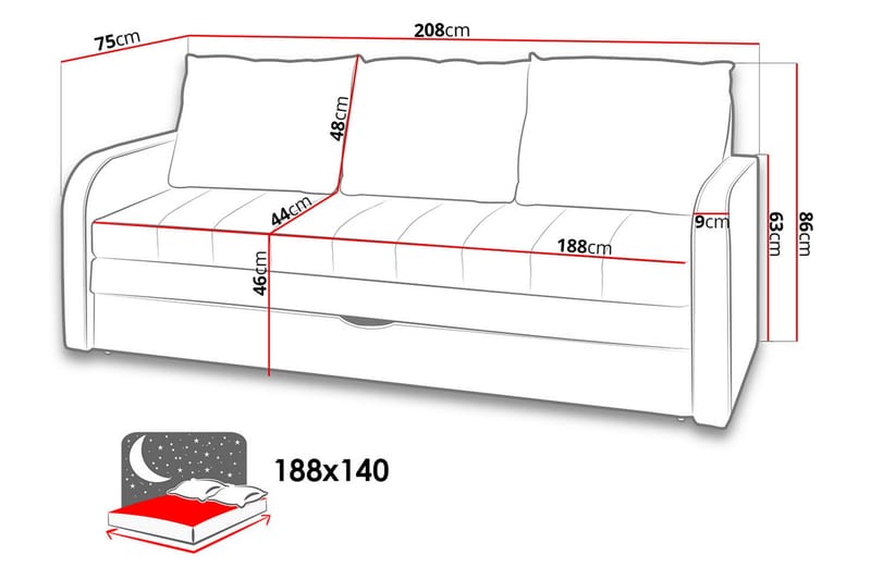 Lido Bäddsoffa 208x75x86 cm - Grå - Bäddsoffa - Skinnsoffor - Bäddsoffa 3 sits - Sammetssoffa