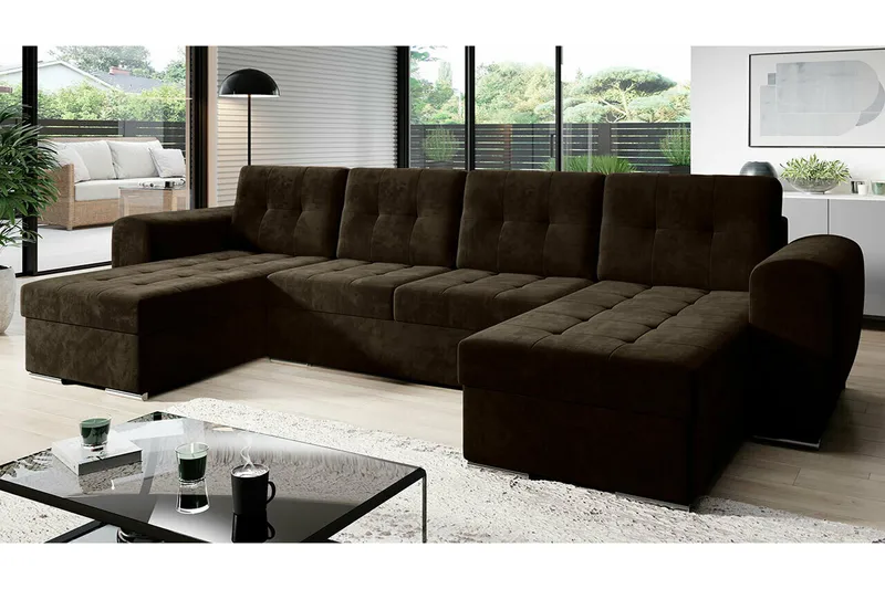 Listowel 4-sits Hörnbäddsoffa med Divan och Schäslong i Tuftat Tyg - Brun - Möbler - Soffa - Bäddsoffa