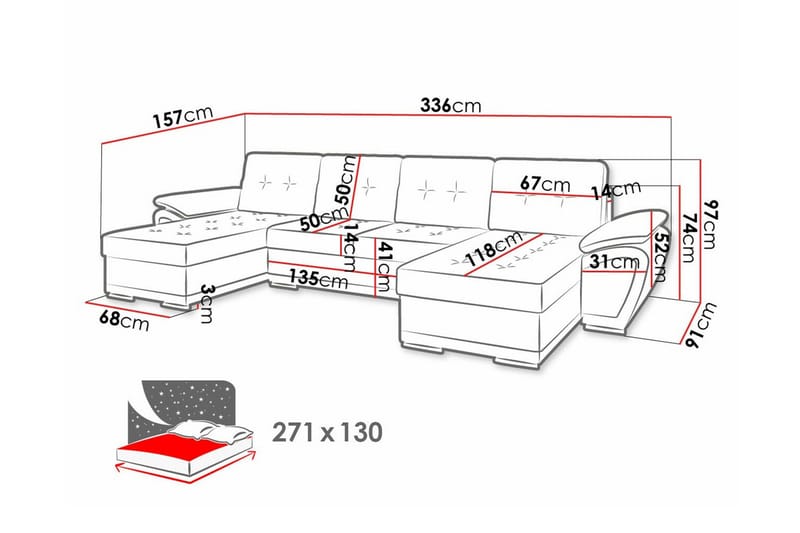 Listowel 4-sits U-formad Hörnbäddsoffa 130x271 cm med Förvaring i Tyg - Antracit - Möbler - Soffa - Bäddsoffa