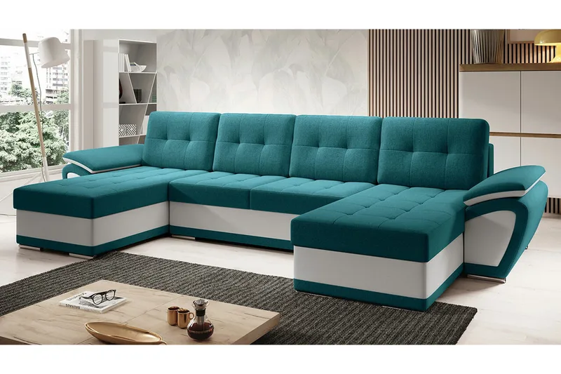 Listowel 4-sits U-formad Hörnbäddsoffa 130x271 cm med Förvaring i Tyg, Petrolblå
