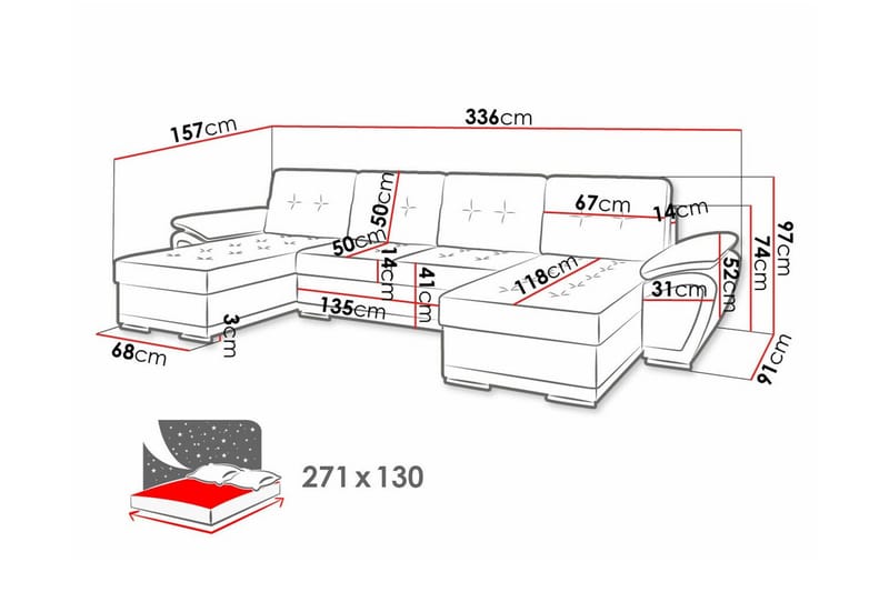 Listowel 4-sits U-formad Hörnbäddsoffa 130x271 cm med Förvaring - Mullvadsbrun - Möbler - Soffa - Bäddsoffa
