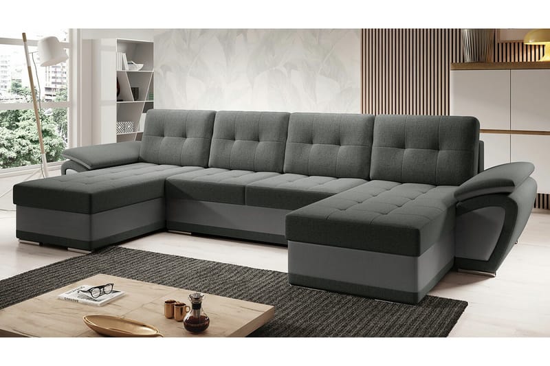 Listowel 4-sits U-formad Hörnbäddsoffa i Tyg med Konstläderunderrede - Grå - Möbler - Soffa - Bäddsoffa