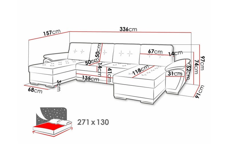 Listowel 4-sits U-formad Hörnbäddsoffa i Tyg med Konstläderunderrede - Mörkgrå - Möbler - Soffa - Bäddsoffa