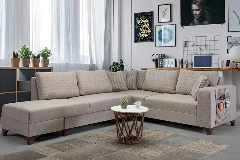 Loftia Hörnsoffa-bäddsoffa 230x90x150 cm - Kräm - Möbler - Soffa - Bäddsoffa