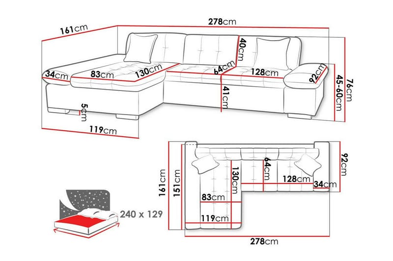 Lomux 3-sits Hörnbäddsoffa NO_BRAND Ljusgrå - Möbler - Soffa - Bäddsoffa