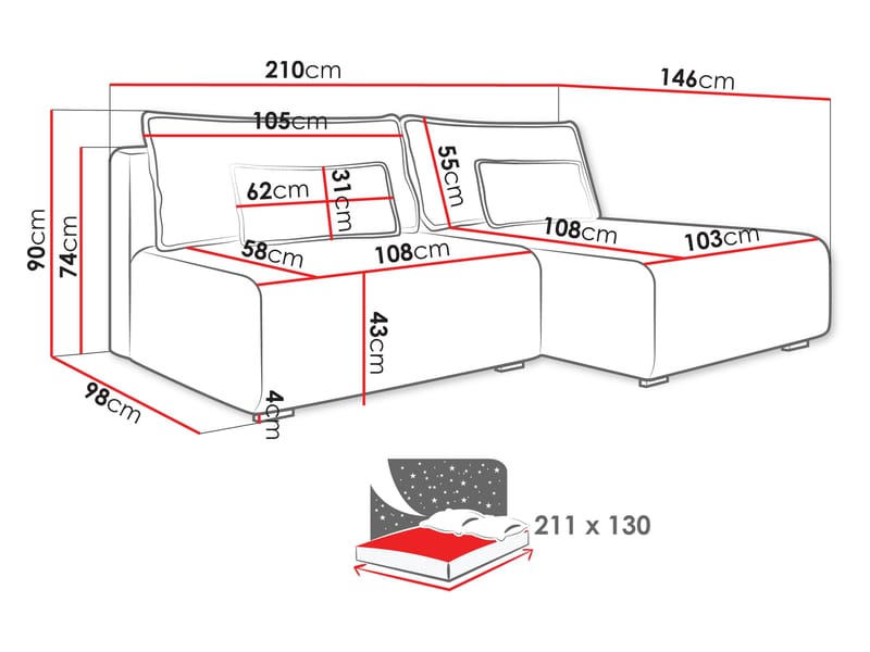 Lorynn 3-sits Bäddsoffa med divan - grå - Möbler - Soffa - Bäddsoffa
