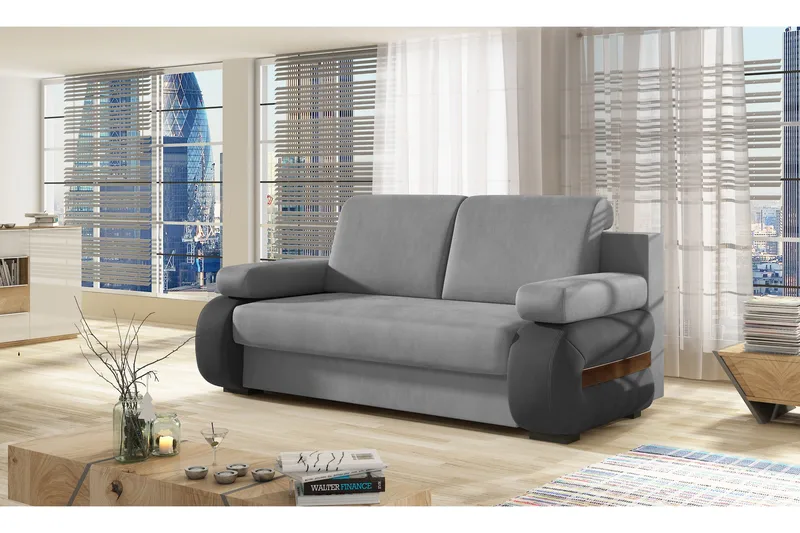 Madrido 2-sits Bäddsoffa 142x196 cm med Förvaring och Kontrastarmstöd i Tyg, Grå