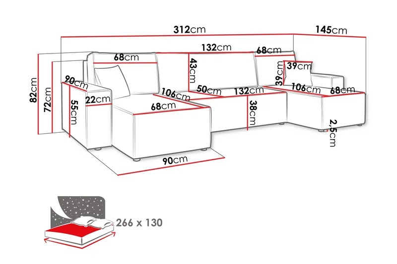 Magston 4-sits Hörnbäddsoffa 130x266 cm med Förvaring i Manchestertyg - Blå - Möbler - Soffa - Bäddsoffa