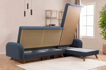Malkiat 3-sits Höger L-formad Hörnbäddsoffa i Tyg med Träben - Blå - Möbler - Soffa - Bäddsoffa