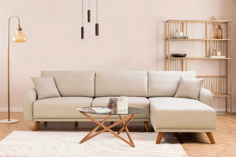 Malkiat 3-sits Höger L-formad Hörnbäddsoffa i Tyg med Träben - Ljusbeige - Möbler - Soffa - Bäddsoffa