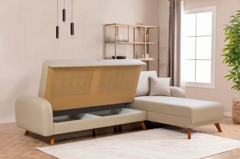 Malkiat 3-sits Höger L-formad Hörnbäddsoffa i Tyg med Träben - Ljusbeige - Möbler - Soffa - Bäddsoffa