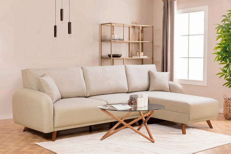 Malkiat 3-sits Höger L-formad Hörnbäddsoffa i Tyg med Träben - Ljusbeige - Möbler - Soffa - Bäddsoffa