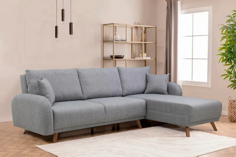 Malkiat 4-sits Höger Hörnbäddsoffa med Schäslong 125x260 cm i Tyg - Grå - Möbler - Soffa - Bäddsoffa