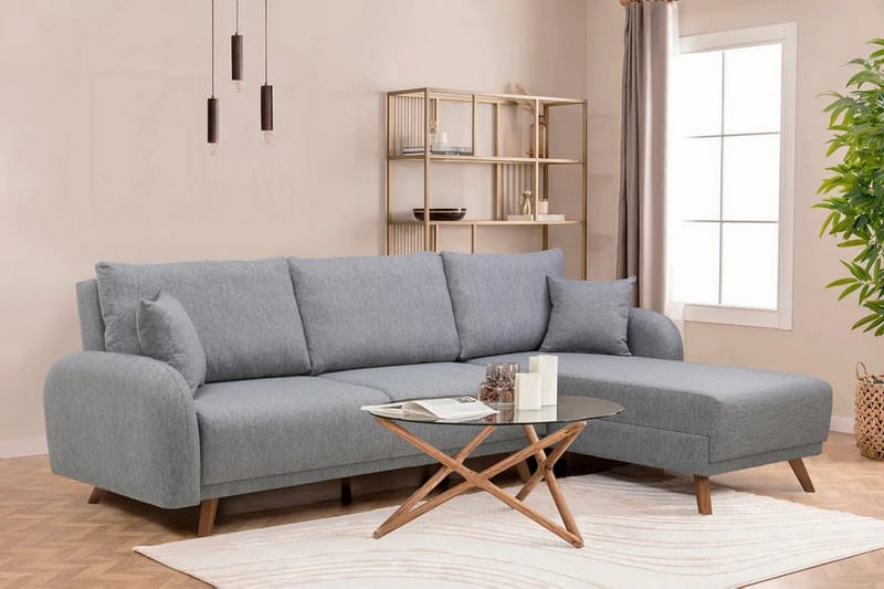 Malkiat 4-sits Höger Hörnbäddsoffa med Schäslong 125x260 cm i Tyg - Grå - Möbler - Soffa - Bäddsoffa