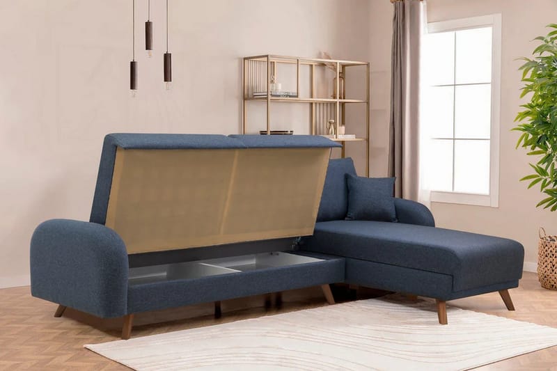 Malkiat 4-sits Höger L-formad Hörnbäddsoffa 125x260 cm med Förvaring i Tyg - Blå - Möbler - Soffa - Bäddsoffa