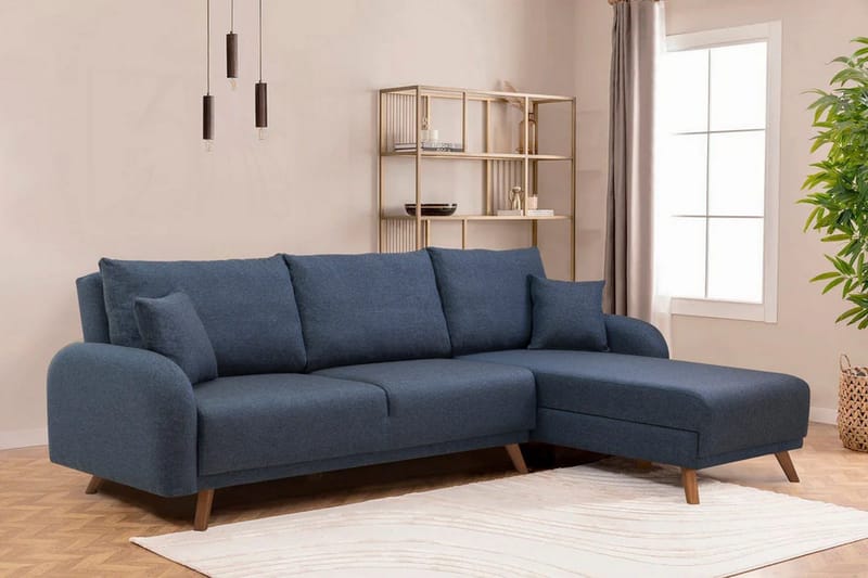Malkiat 4-sits Höger L-formad Hörnbäddsoffa 125x260 cm med Förvaring i Tyg - Blå - Möbler - Soffa - Bäddsoffa