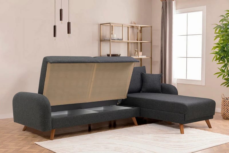 Malkiat 4-sits Höger L-formad Hörnbäddsoffa 125x260 cm med Förvaring i Tyg - Grå - Möbler - Soffa - Bäddsoffa