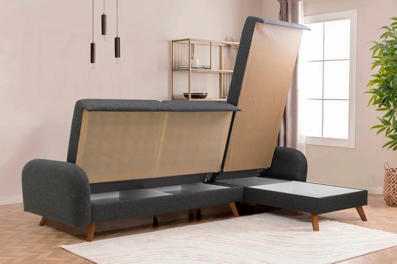 Malkiat 4-sits Höger L-formad Hörnbäddsoffa 125x260 cm med Förvaring i Tyg - Grå - Möbler - Soffa - Bäddsoffa