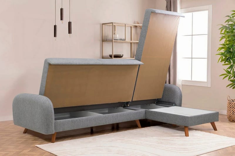 Malkiat 4-sits Höger L-formad Hörnbäddsoffa 125x260 cm med Förvaring i Tyg - Grå - Möbler - Soffa - Bäddsoffa