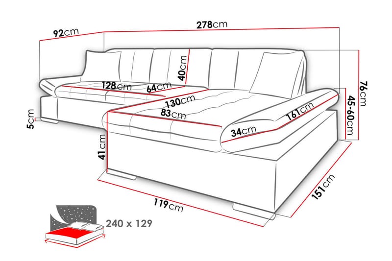 Malwi U-Bäddsoffa 278x162x76 cm - Grå - Möbler - Soffa - Bäddsoffa