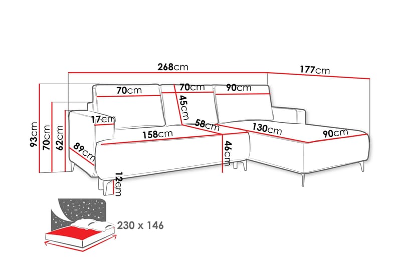 Marisana Bäddsoffa m. Divan 3-sits - Rosa - Möbler - Soffa - Bäddsoffa