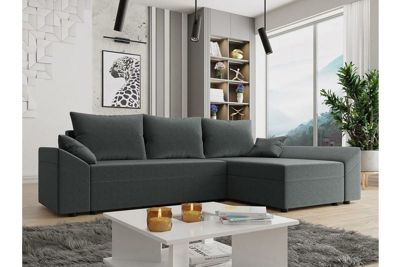 Midfeld 3-sits Vänster Hörnbäddsoffa 130x200 cm med Förvaring i Tyg - Grå - Möbler - Soffa - Bäddsoffa