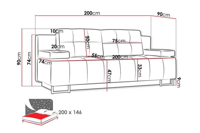 Morenia 3-sits Fällbar Bäddsoffa 146x200 cm med Förvaring i Tyg - Blå - Möbler - Soffa - Bäddsoffa