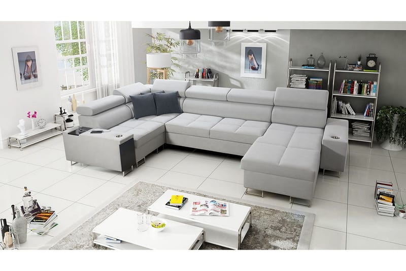 Morenia 4-sits Högervänd Bäddsoffa 127x258 cm med Förvaring i Sammet - Ljusgrå - Möbler - Soffa - Bäddsoffa
