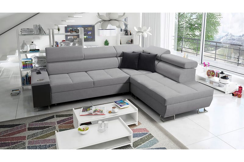 Morenia Högervänd Bäddsoffa 127x210 cm med Förvaring i Tyg - Grå - Möbler - Soffa - Bäddsoffa