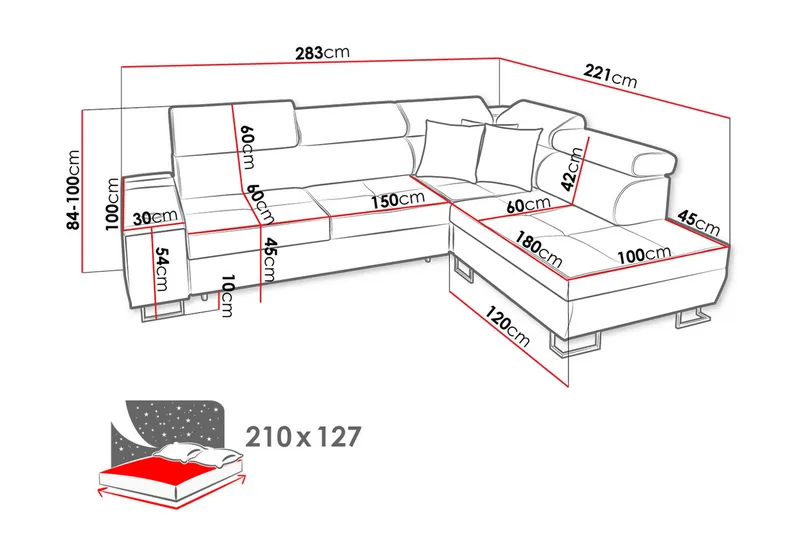 Morenia Högervänd Bäddsoffa 127x210 cm med Förvaring i Tyg - Grå - Möbler - Soffa - Bäddsoffa