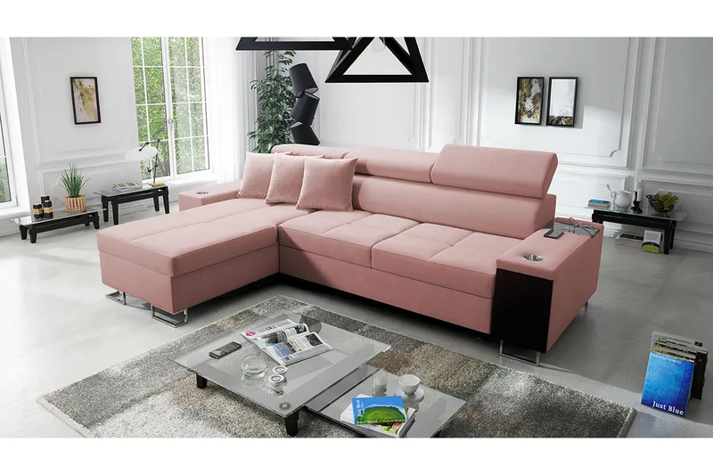 Morenia Längsbäddad L-Hörnbäddsoffa 4-sits med Förvaring i Sammet Vänster - Rosa - Möbler - Soffa - Bäddsoffa