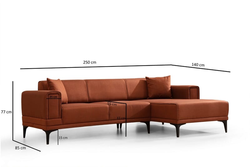 Naoko 3-sits Högervänd L-formad Bäddsoffa med Divan 85x200 cm i Tyg - Terrakotta - Möbler - Soffa - Bäddsoffa