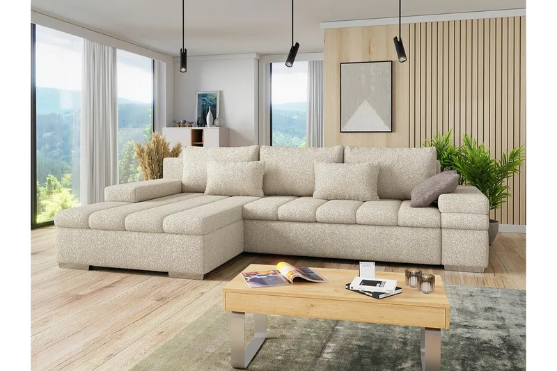 Naoma 3-sits Vänster L-formad Bäddsoffa med Schäslong i Bouclé - Beige - Möbler - Soffa - Bäddsoffa