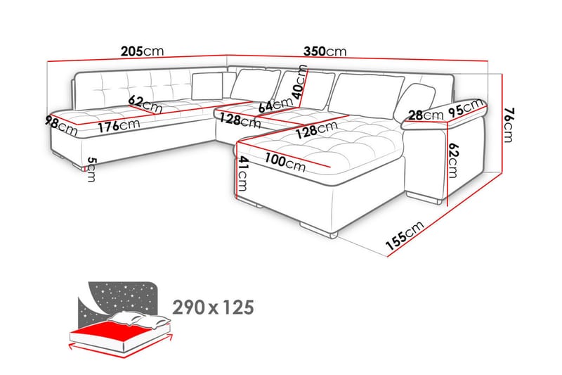 Niko U-Bäddsoffa 350x205x76 cm Divan Höger - Grå - Bäddsoffa - Bäddsoffa divan - Skinnsoffor