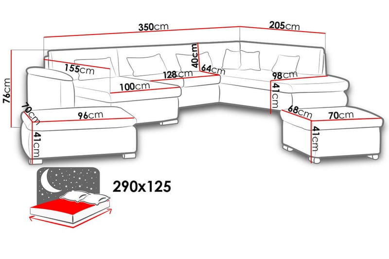 Niko U-Bäddsoffa 350x205x76 cm Divan Höger - Vit/Grå - Bäddsoffa - Bäddsoffa divan - Skinnsoffor