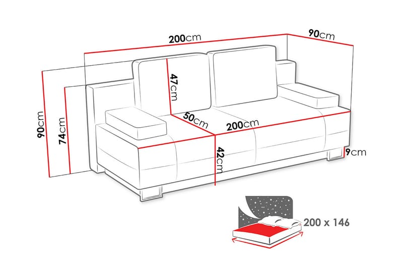 Optima Bäddsoffa 200x90x90 cm - Svart/Grå - Bäddsoffa - Bäddsoffa 4 sits