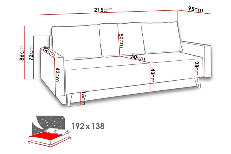 Oviedo 3-sits Bäddsoffa med Förvaring 95x215 cm i Tyg - Grå - Möbler - Soffa - Bäddsoffa