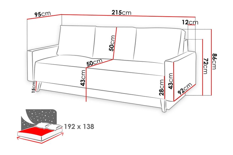 Oviedo Bäddsoffa 215x95x86 cm - Grå/Lila - Bäddsoffa - Bäddsoffa 3 sits